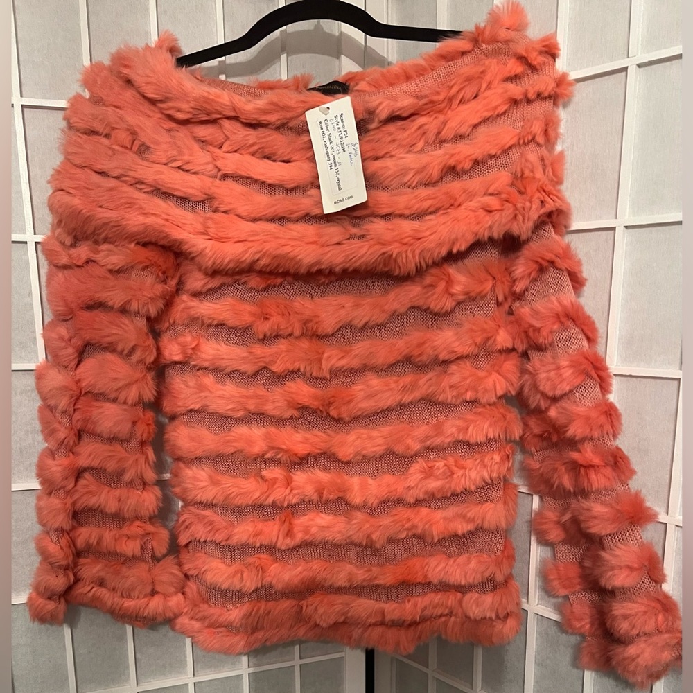 BCBG MAXAZRIA Rabbit Fur Off-Shoulder Top Coral Crystal Rose NWT - Picture 2 of 8